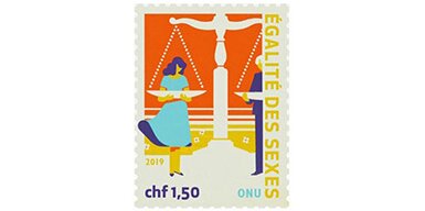 illustrated stamp with male and female holding scales