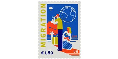 illustration of globe and family on stamp