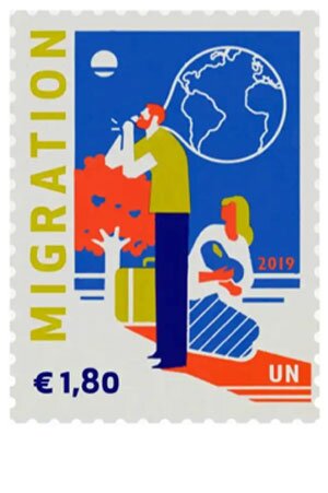 illustration of globe and family on stamp